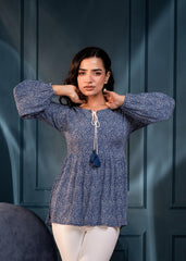 Blue Floral Printed Viscose GaThread Tunic with Dori Tie