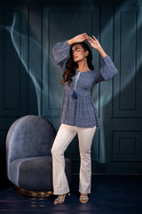 Blue Floral Printed Viscose GaThread Tunic with Dori Tie