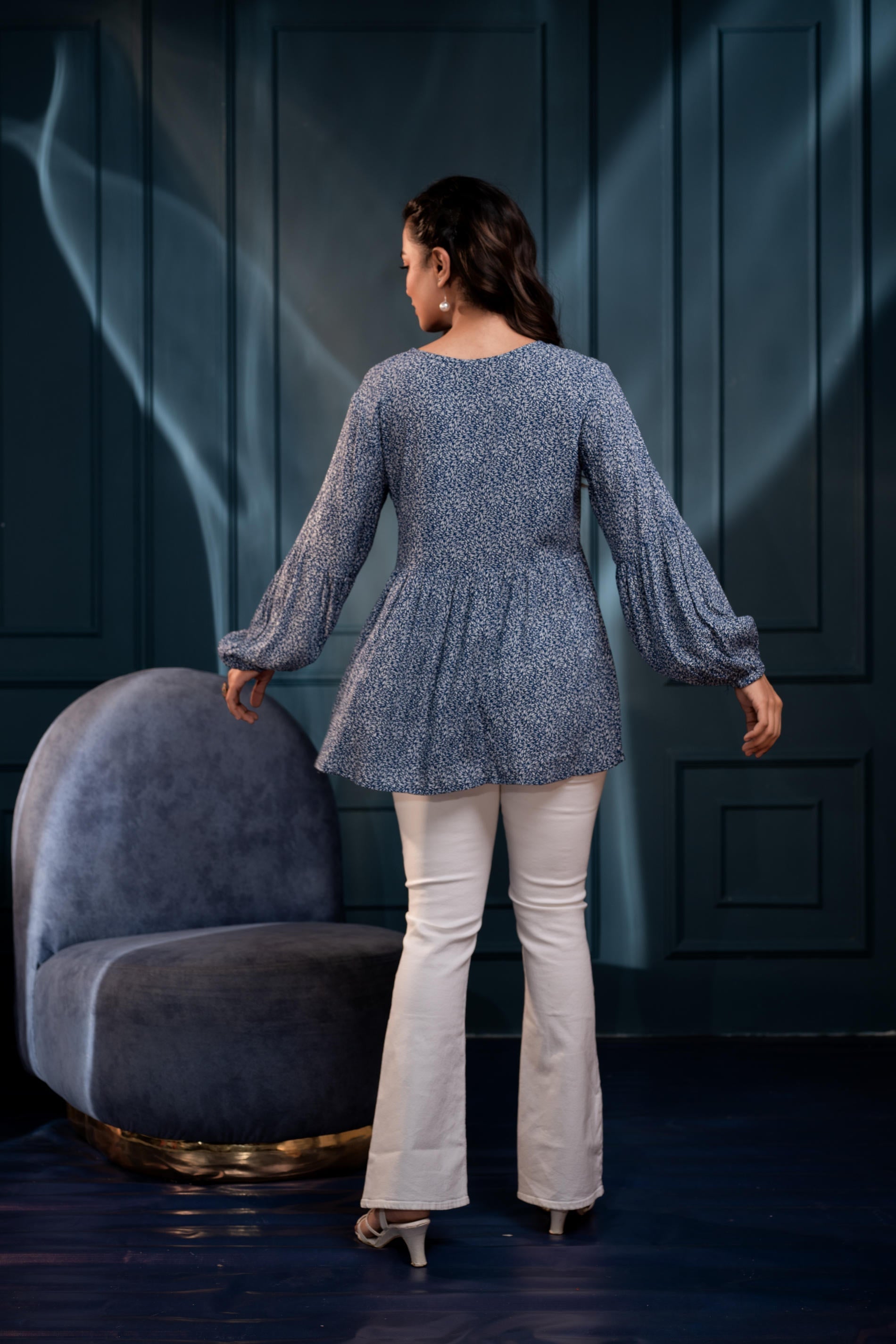 Blue Floral Printed Viscose GaThread Tunic with Dori Tie | DesiQlo