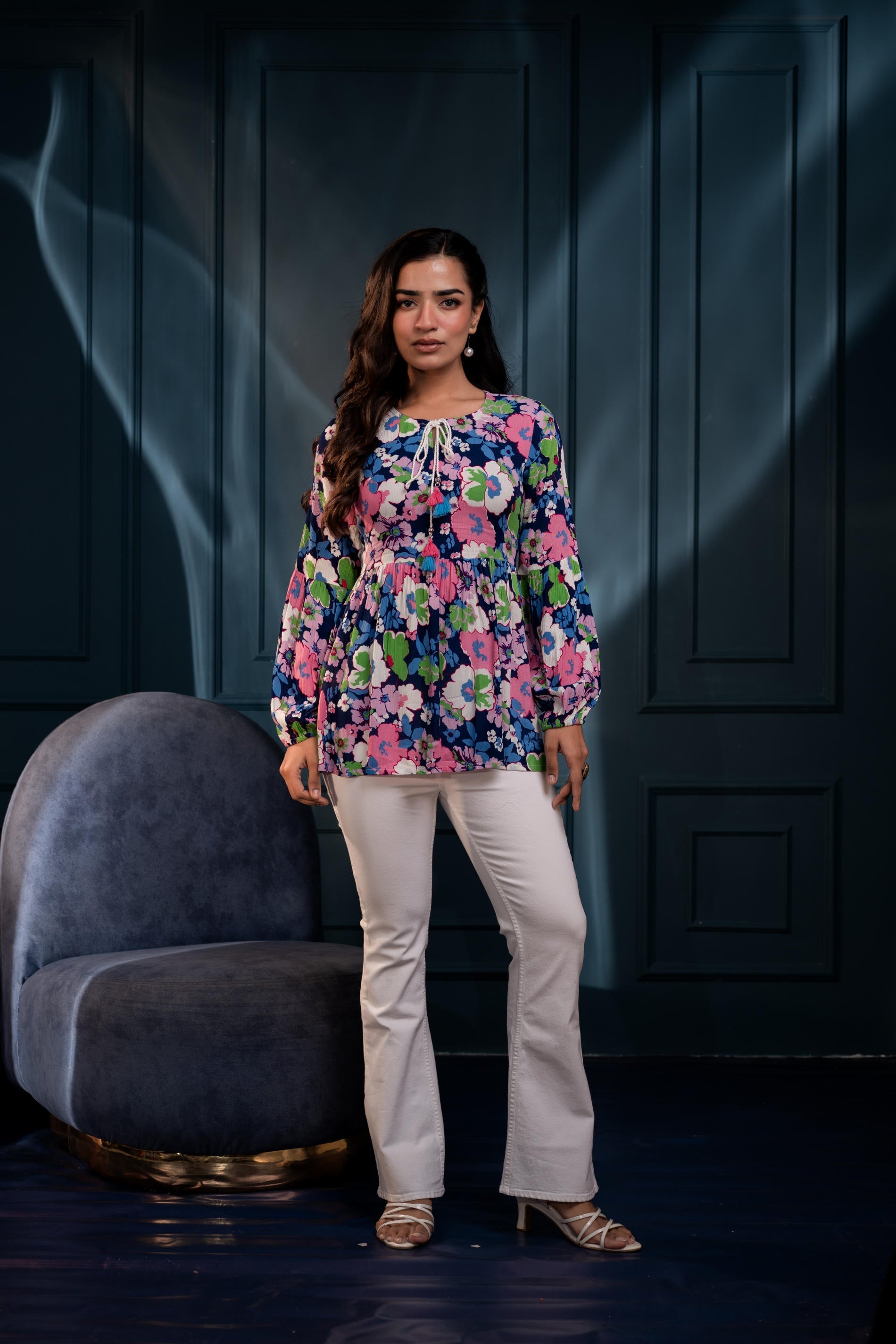 Multi Floral Printed Viscose GaThread Tunic with Dori Tie | DesiQlo