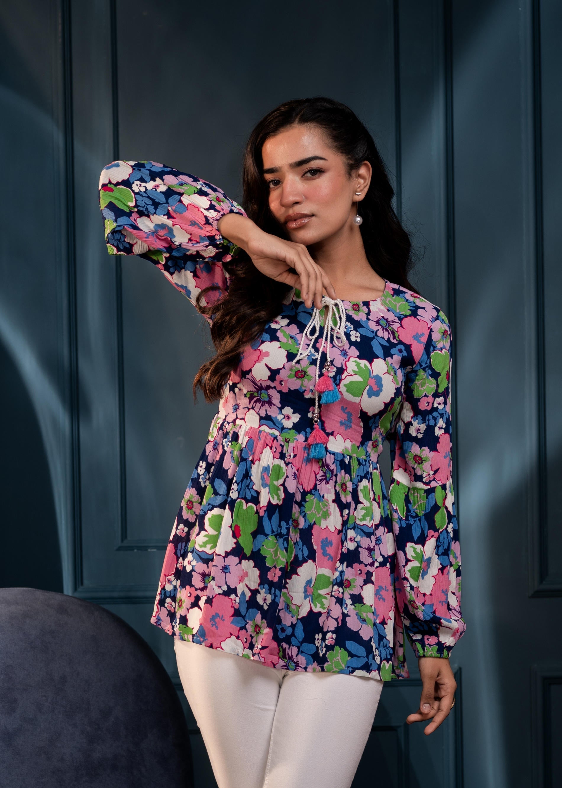 Multi Floral Printed Viscose GaThread Tunic with Dori Tie | DesiQlo