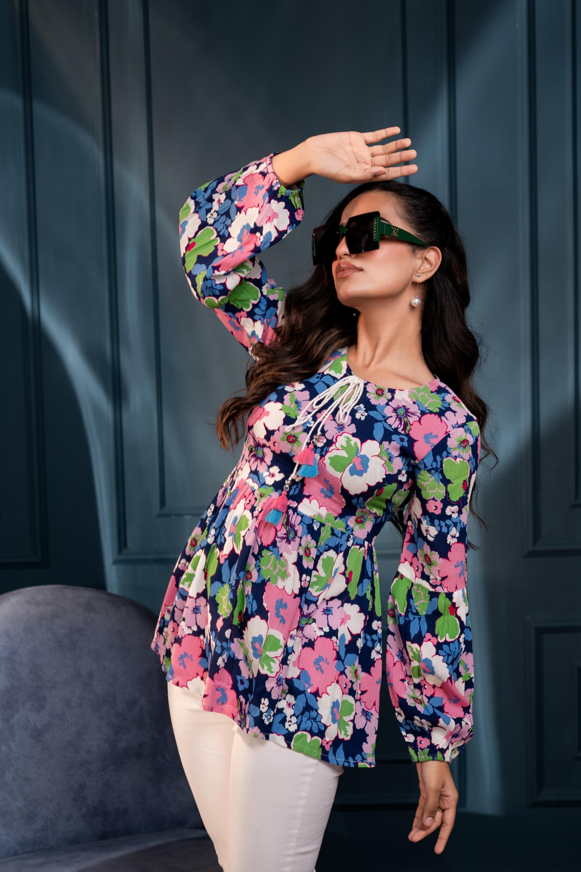 Multi Floral Printed Viscose GaThread Tunic with Dori Tie | DesiQlo