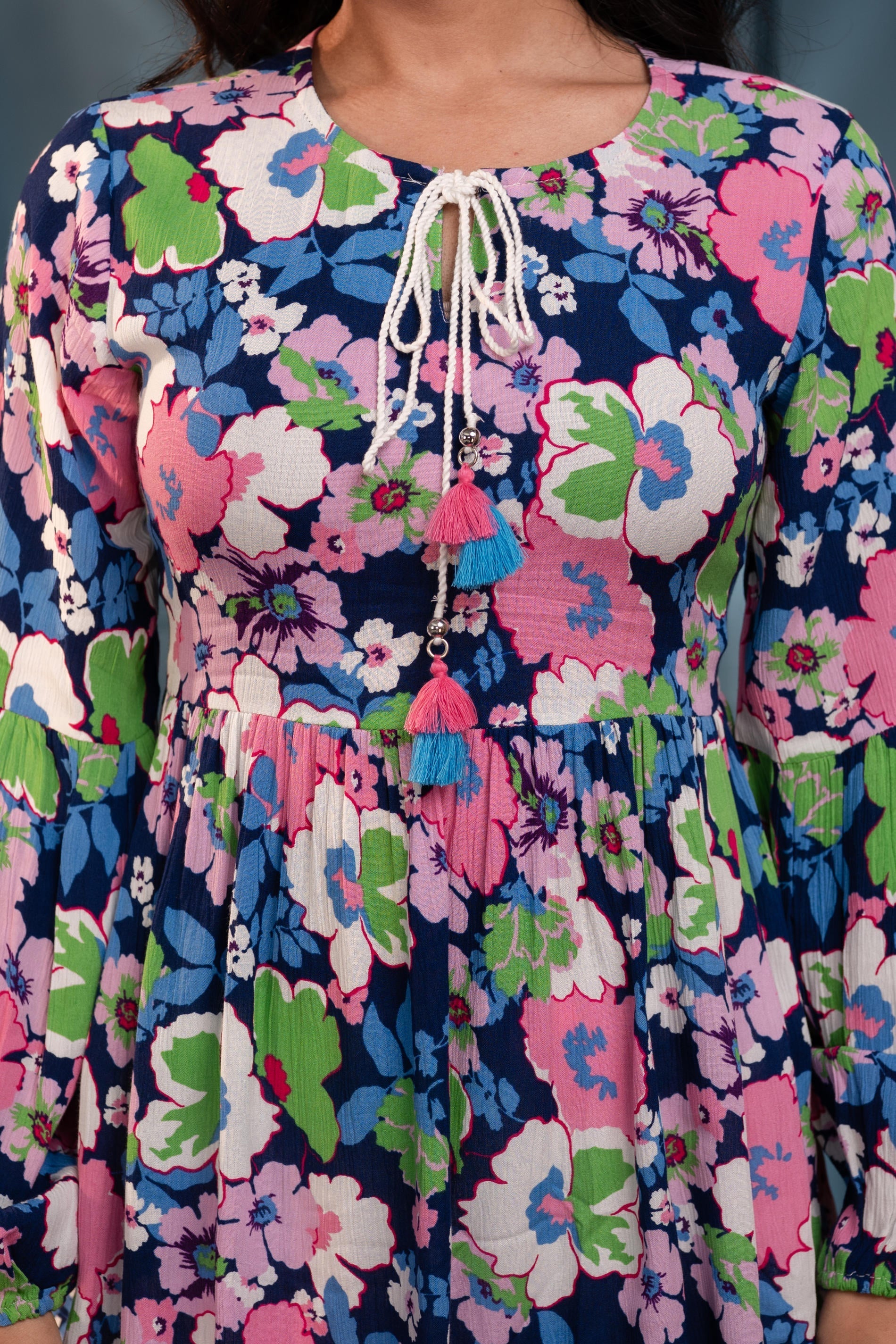 Multi Floral Printed Viscose GaThread Tunic with Dori Tie | DesiQlo