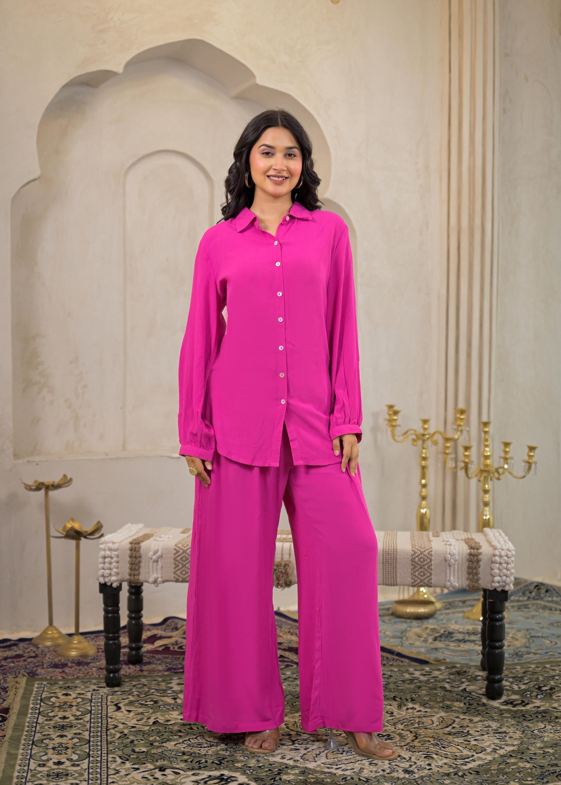 Pink Viscose Co-ord Set – Shirt & Palazzo with Parsley Waistband | Des