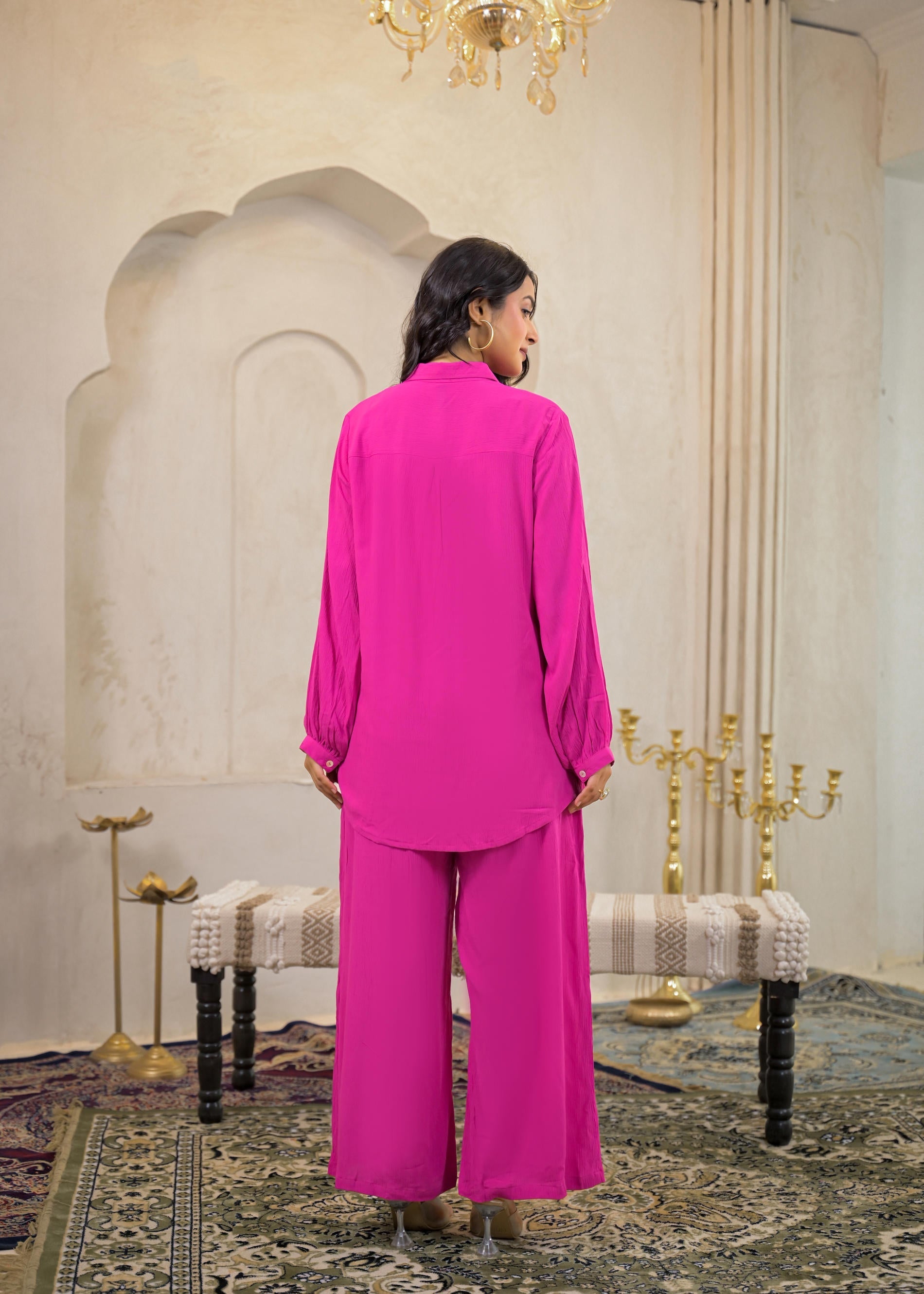 Pink Viscose Co-ord Set – Shirt & Palazzo with Parsley Waistband | Des