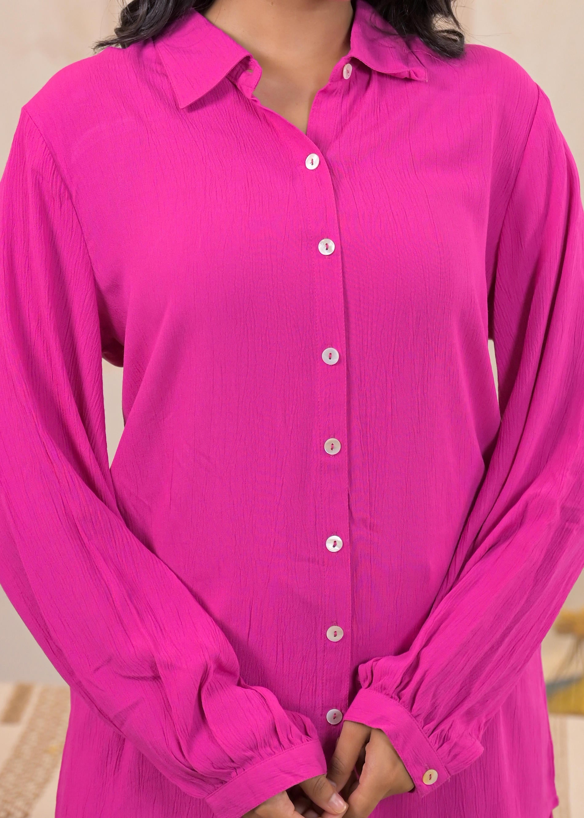 Pink Viscose Co-ord Set – Shirt & Palazzo with Parsley Waistband | Des