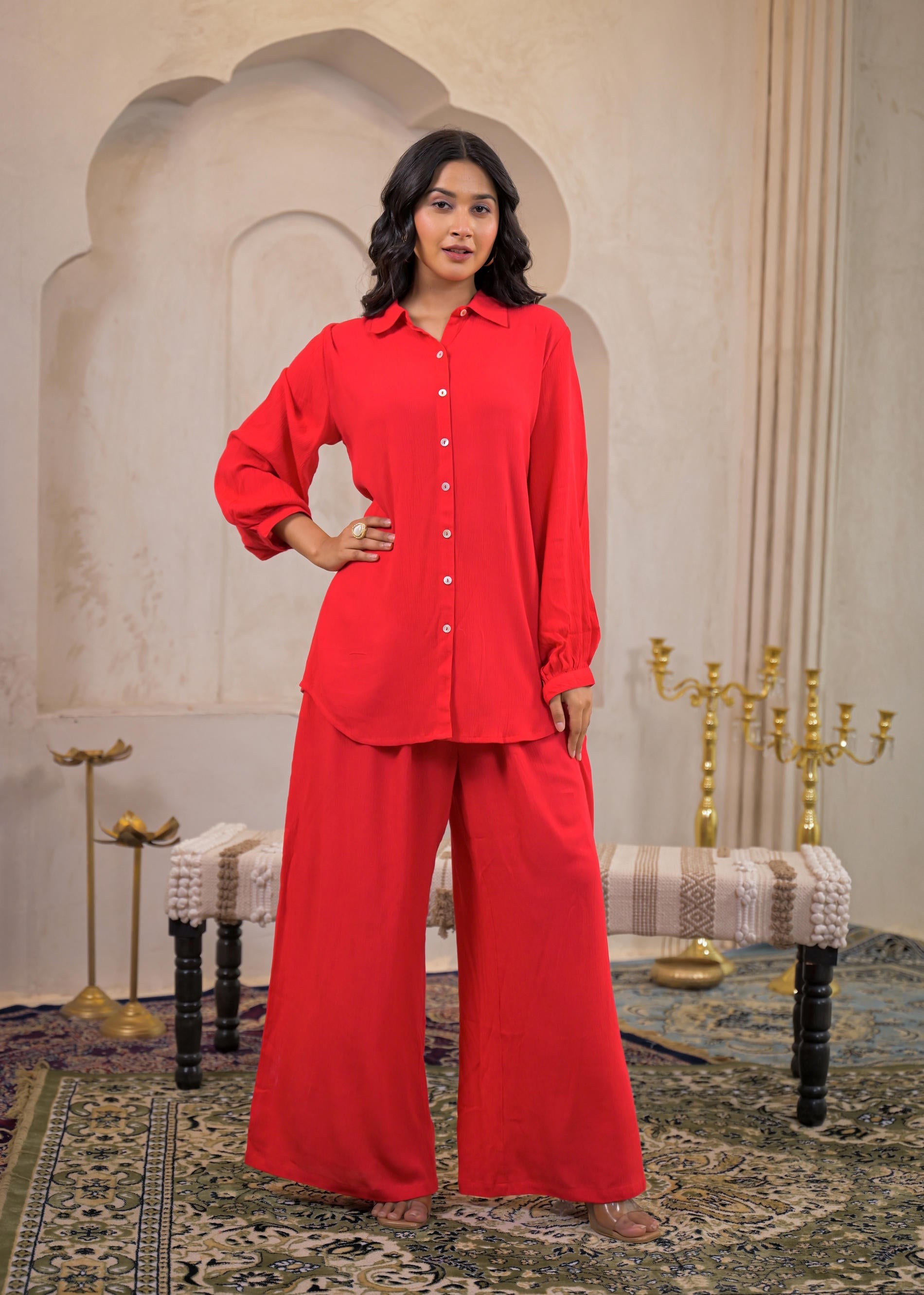 Red Viscose Co-ord Set – Shirt & Palazzo with Parsley Waistband | Desi