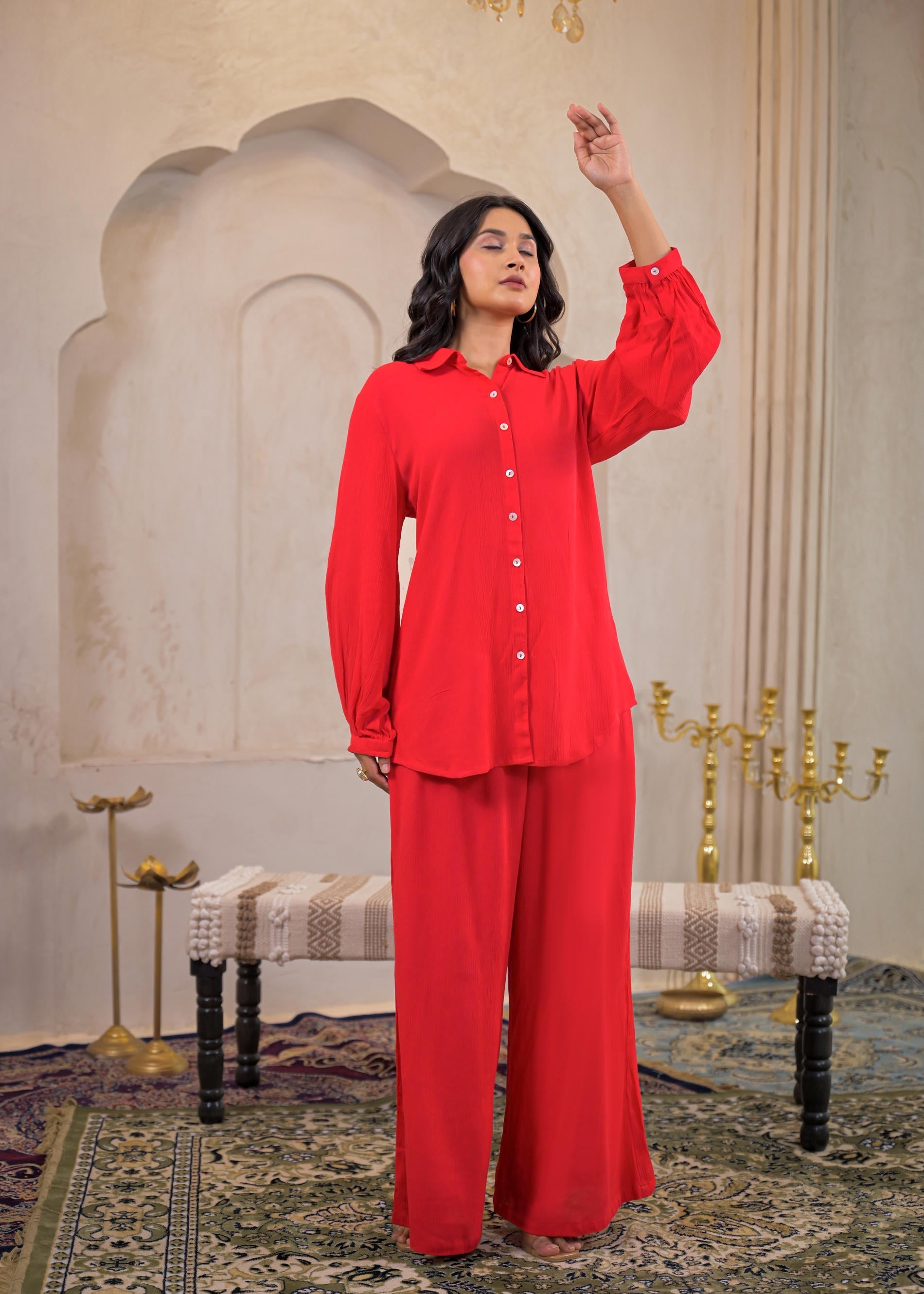 Red Viscose Co-ord Set – Shirt & Palazzo with Parsley Waistband | Desi