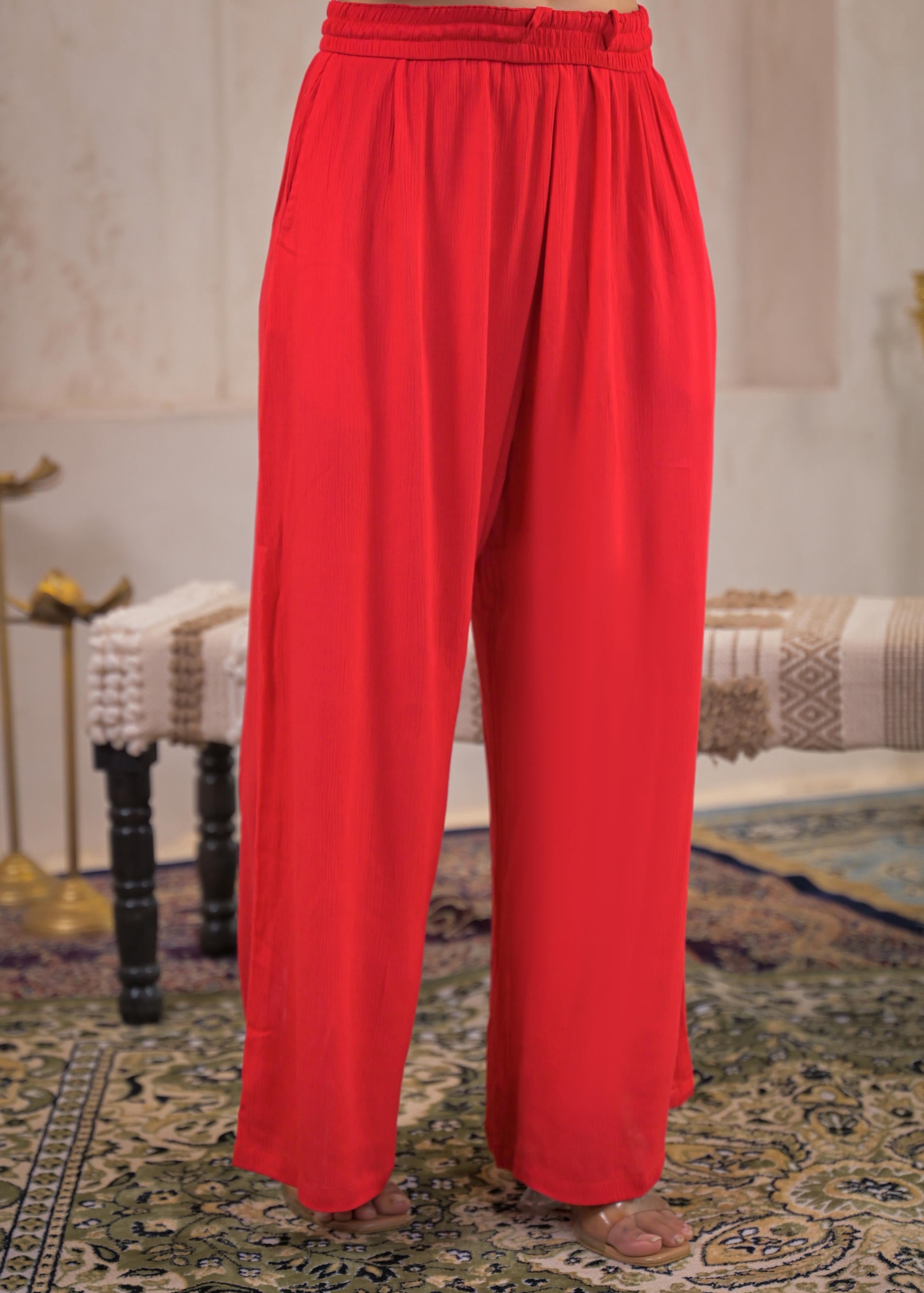 Red Viscose Co-ord Set – Shirt & Palazzo with Parsley Waistband | Desi