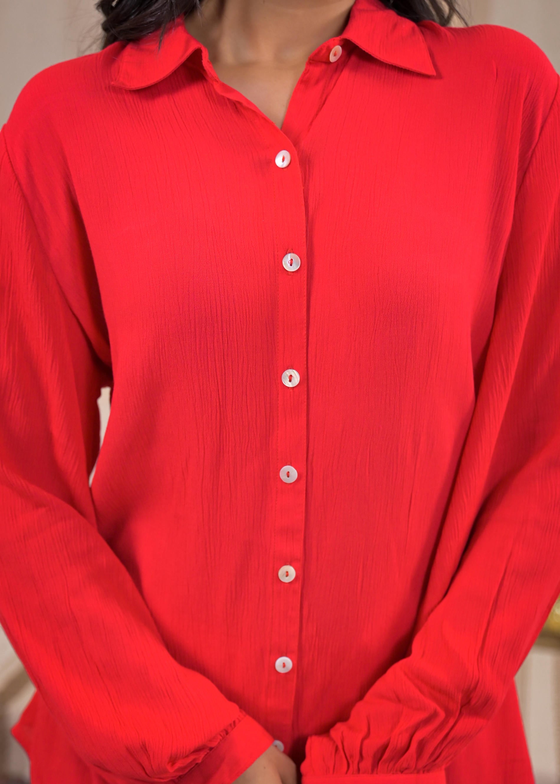 Red Viscose Co-ord Set – Shirt & Palazzo with Parsley Waistband | Desi