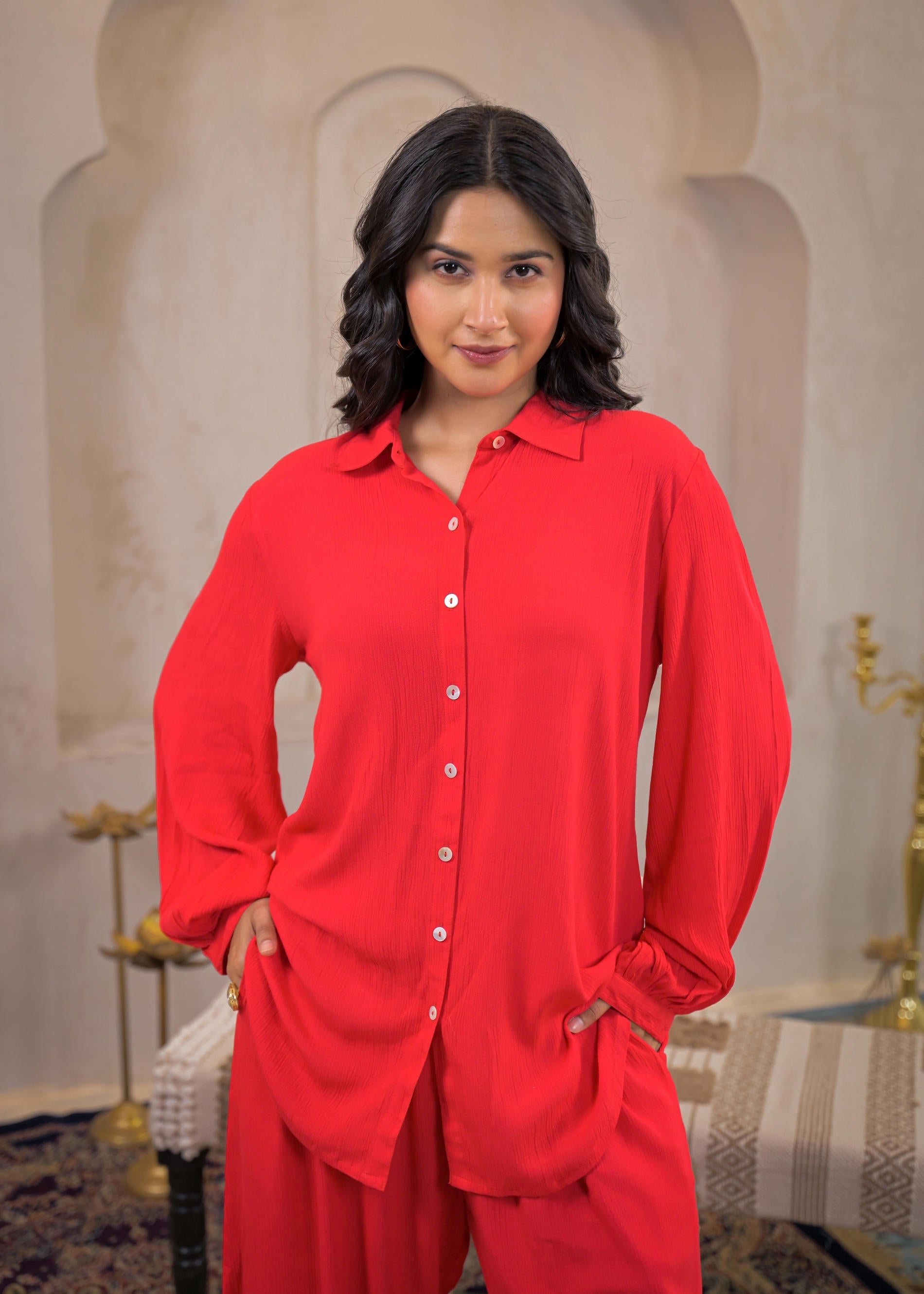 Red Viscose Co-ord Set – Shirt & Palazzo with Parsley Waistband | Desi