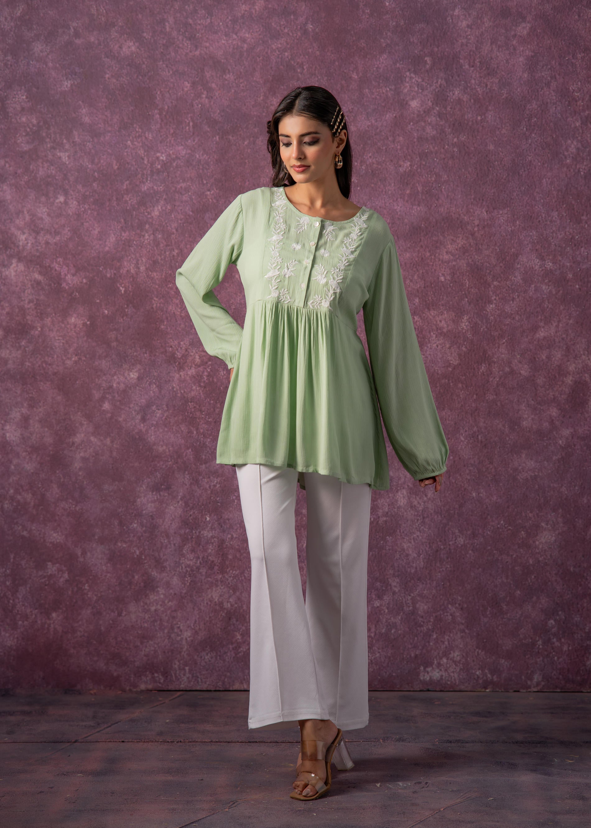 Women's Mint & White Embroidered Viscose Tunic with Thread Work and Bu