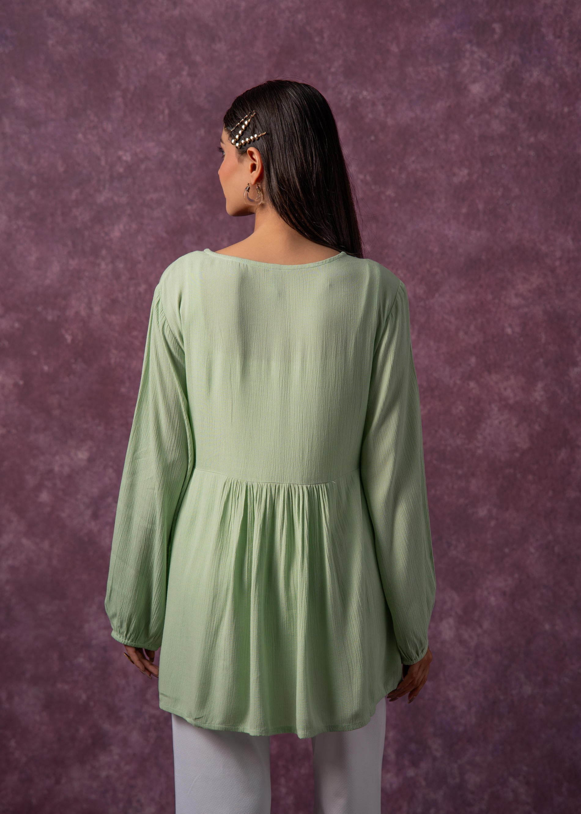 Women's Mint & White Embroidered Viscose Tunic with Thread Work and Bu