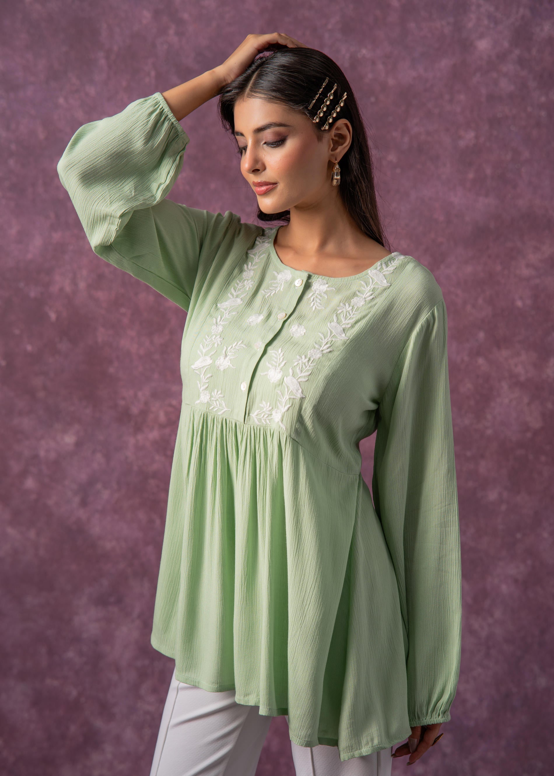 Women's Mint & White Embroidered Viscose Tunic with Thread Work and Bu