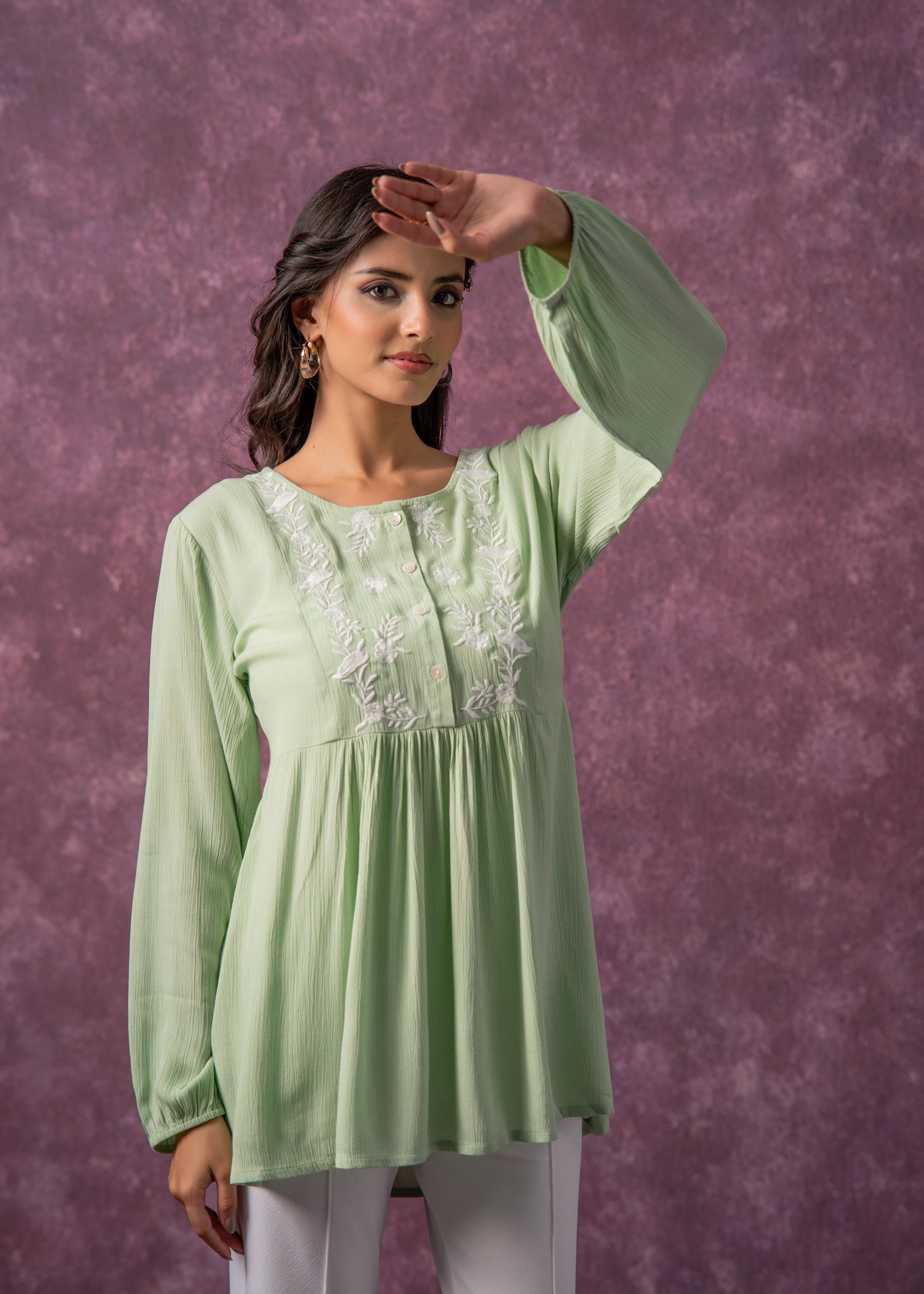 Women's Mint & White Embroidered Viscose Tunic with Thread Work and Bu