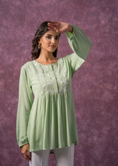 Women's Mint & White Embroidered Viscose Tunic with Thread Work and Buttons