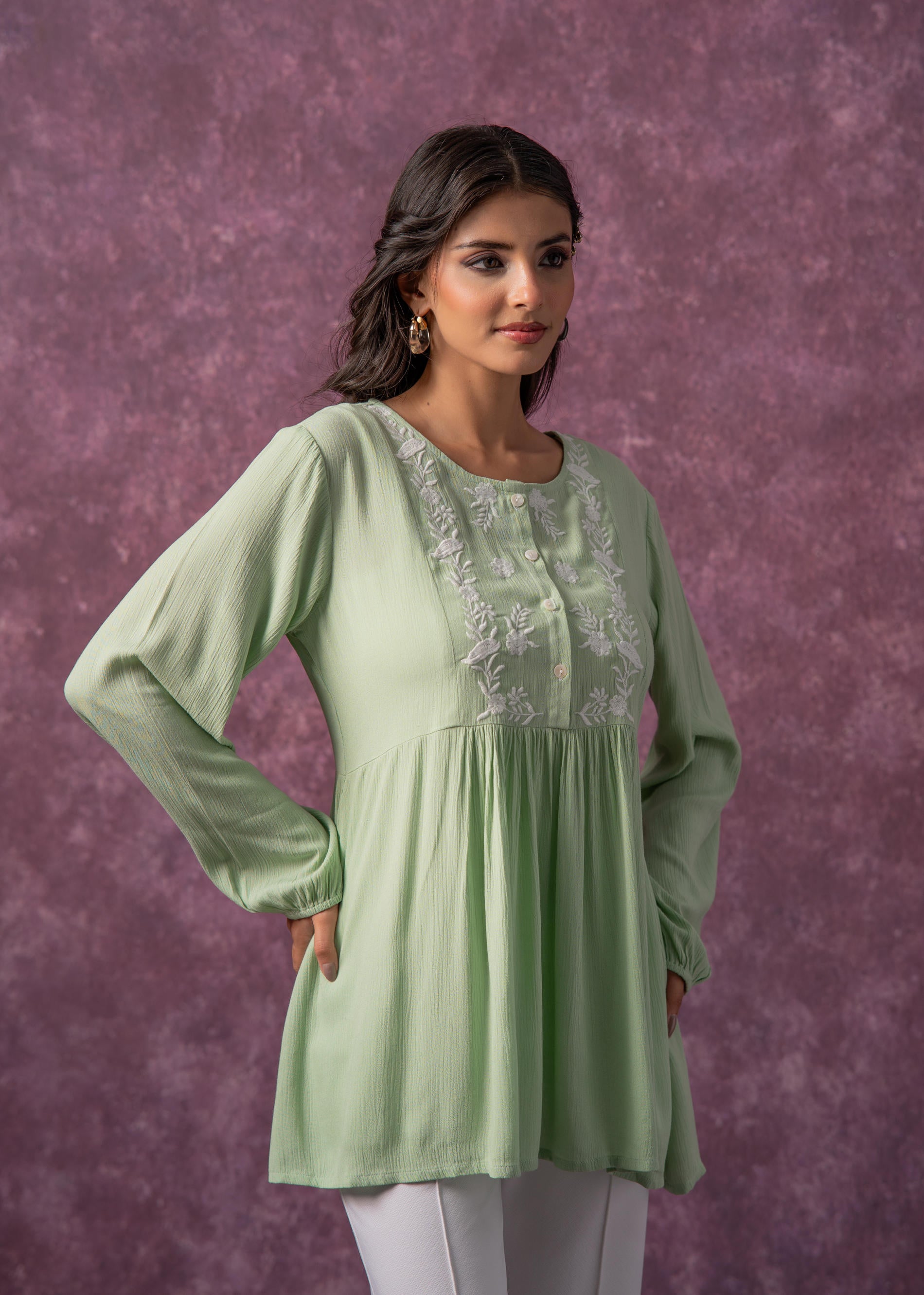 Women's Mint & White Embroidered Viscose Tunic with Thread Work and Bu