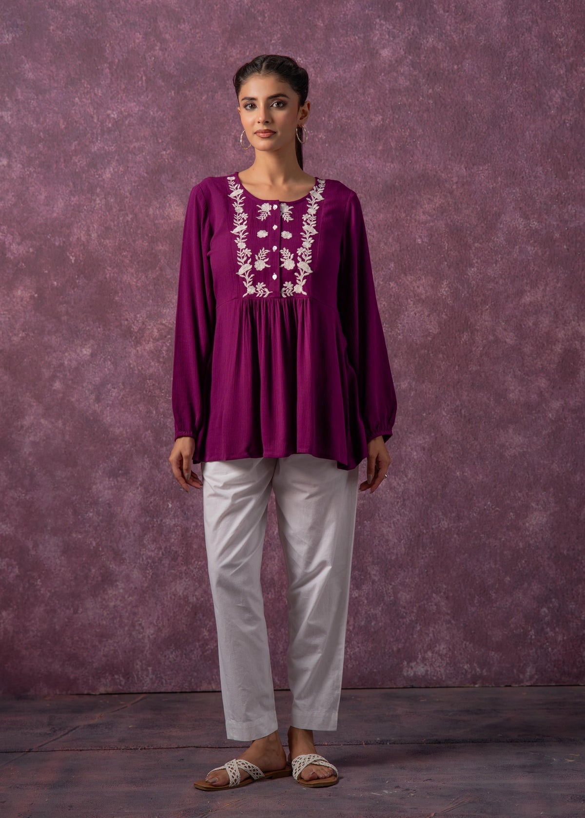 Women's Mint & White Embroidered Viscose Tunic with Thread Work and Buttons