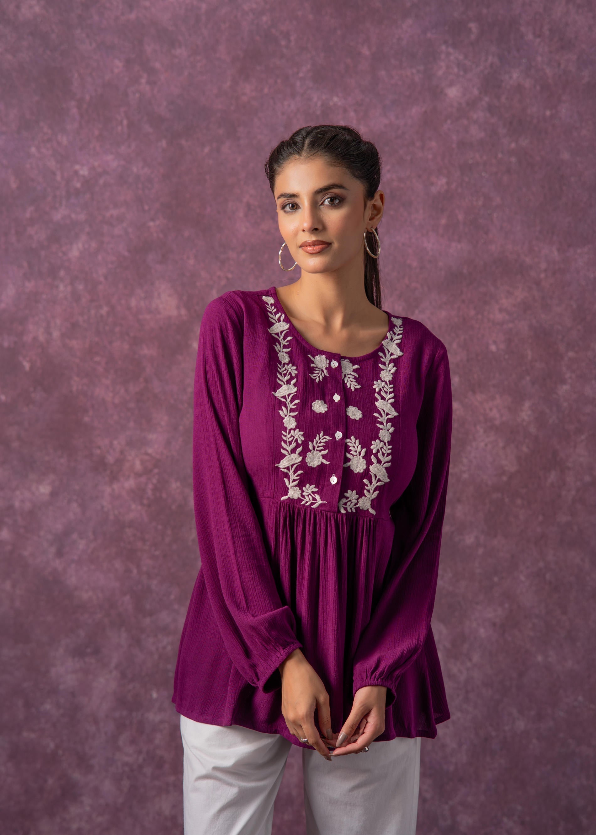 Women's Mint & White Embroidered Viscose Tunic with Thread Work and Bu