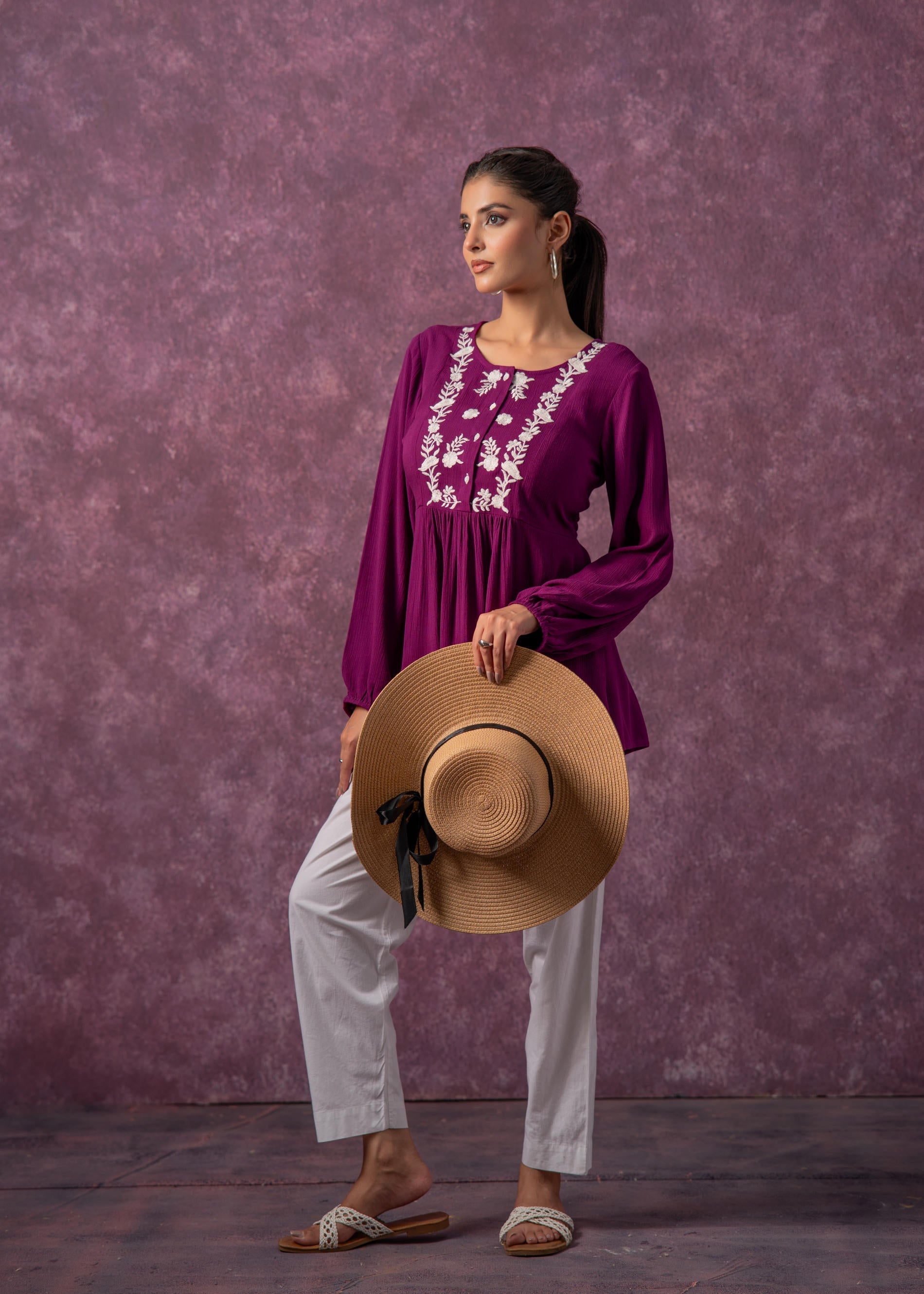 Women's Mint & White Embroidered Viscose Tunic with Thread Work and Bu