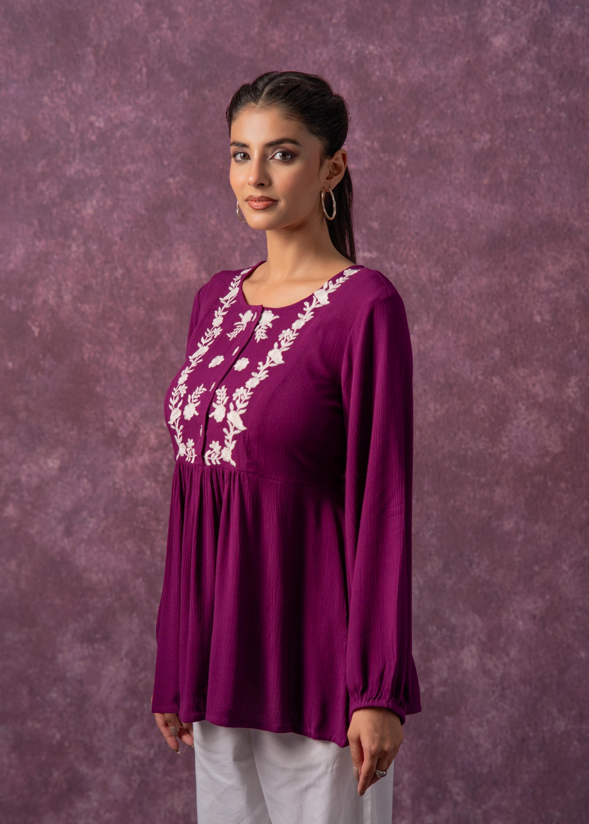 Women's Mint & White Embroidered Viscose Tunic with Thread Work and Bu