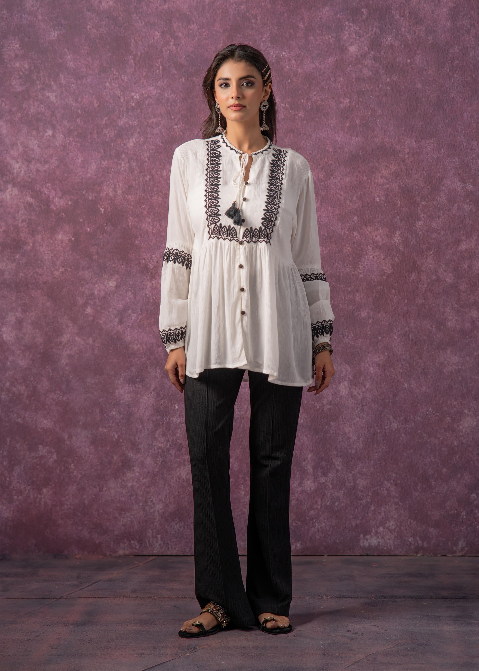 Women's White Embroidered Viscose Tunic with Thread Work, Buttons & Ta