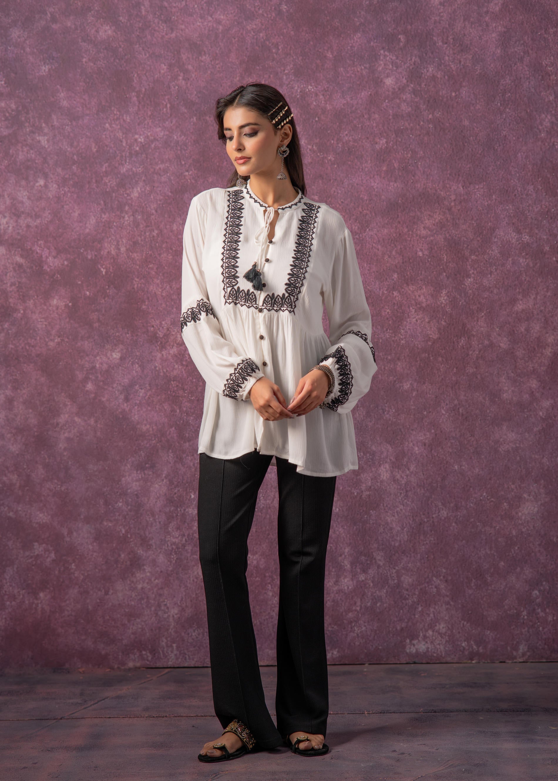 Women's White Embroidered Viscose Tunic with Thread Work, Buttons & Ta