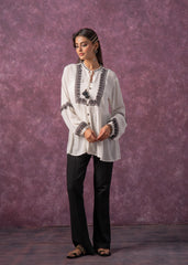 Women's White Embroidered Viscose Tunic with Thread Work, Buttons & Tassels