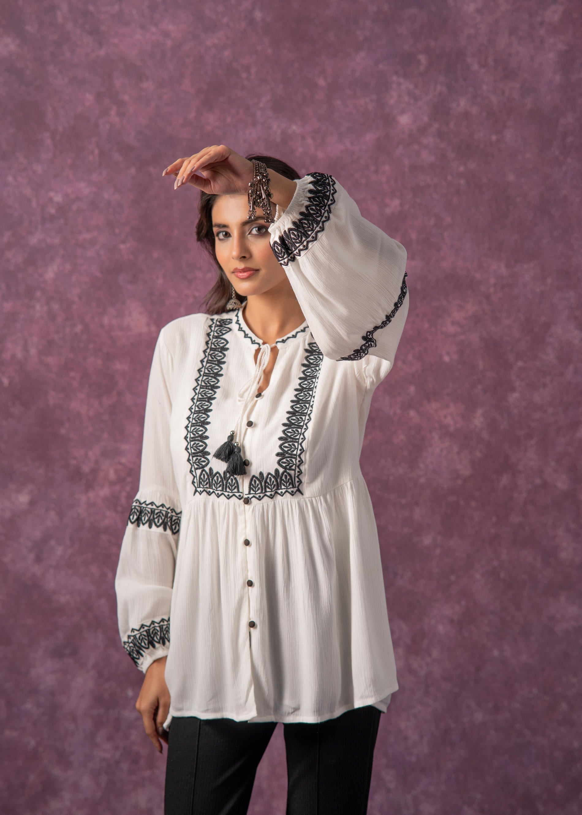 Women's White Embroidered Viscose Tunic with Thread Work, Buttons & Ta