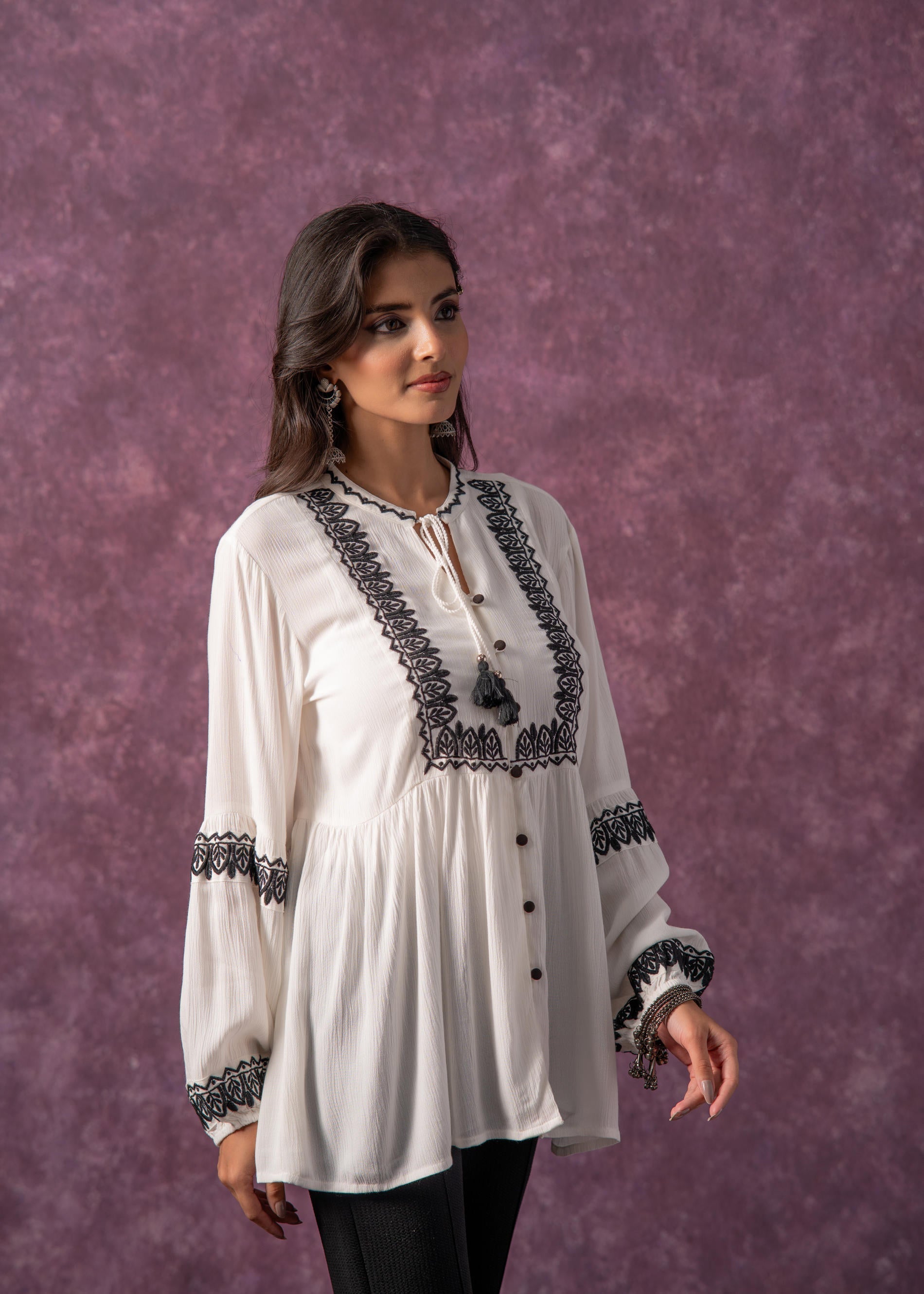 Women's White Embroidered Viscose Tunic with Thread Work, Buttons & Ta