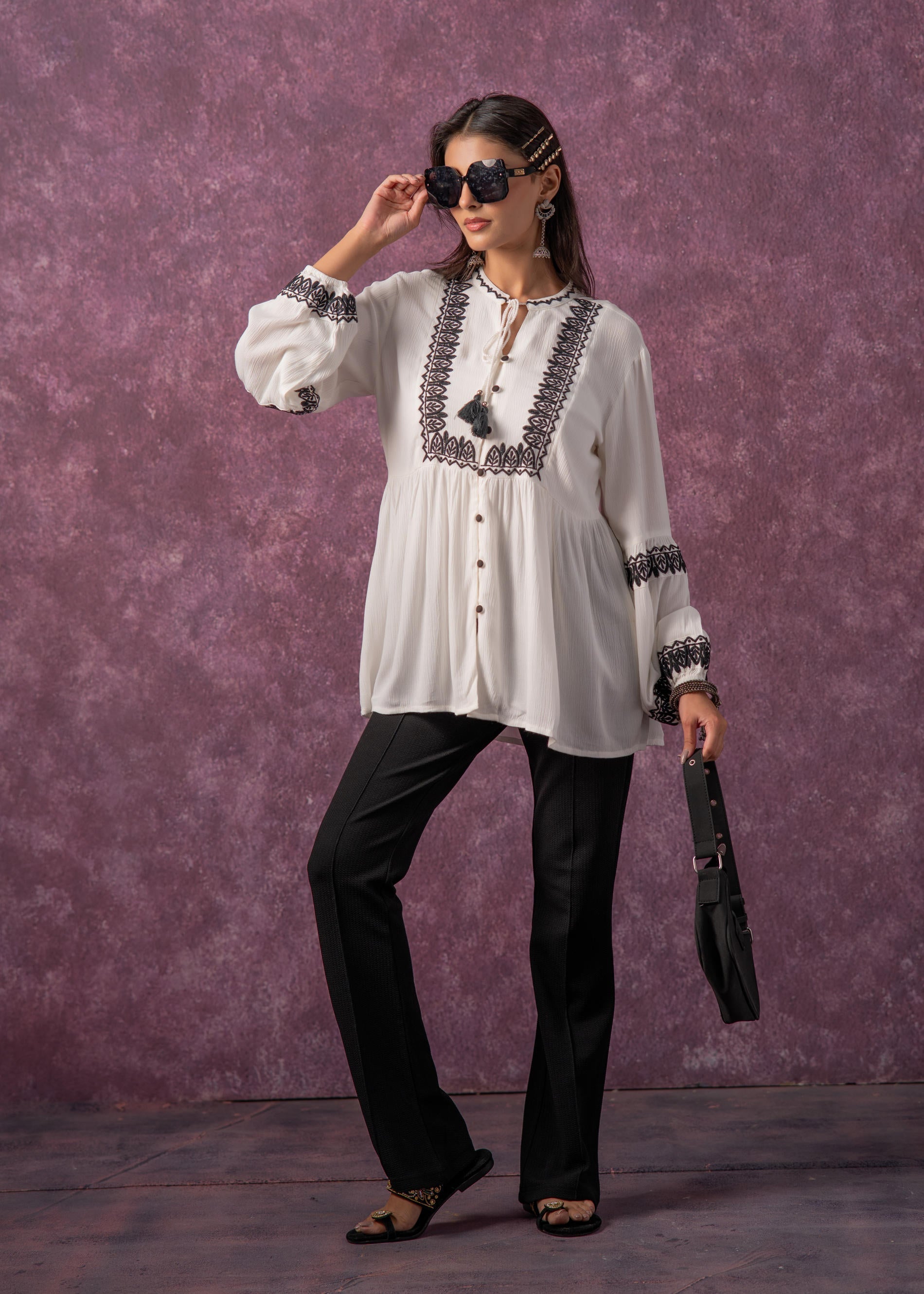 Women's White Embroidered Viscose Tunic with Thread Work, Buttons & Ta