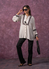 Women's White Embroidered Viscose Tunic with Thread Work, Buttons & Tassels