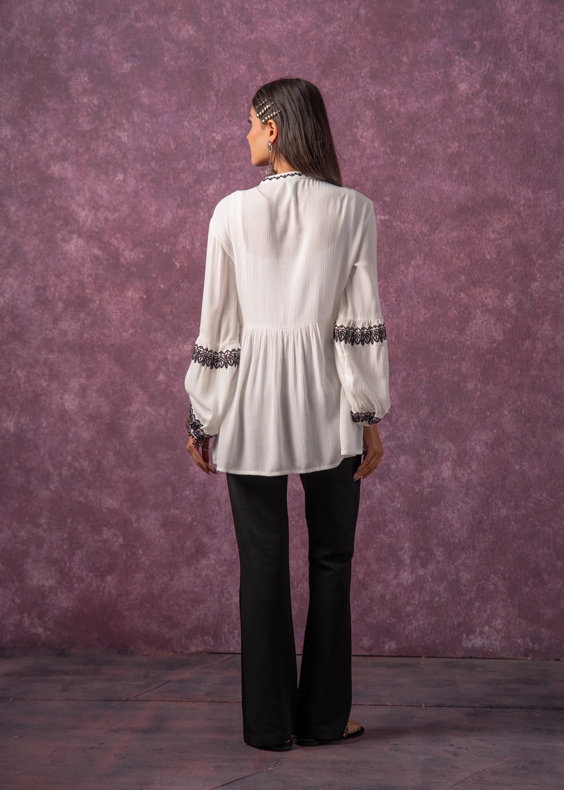 Women's White Embroidered Viscose Tunic with Thread Work, Buttons & Ta