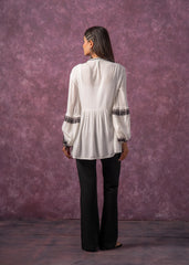 Women's White Embroidered Viscose Tunic with Thread Work, Buttons & Tassels