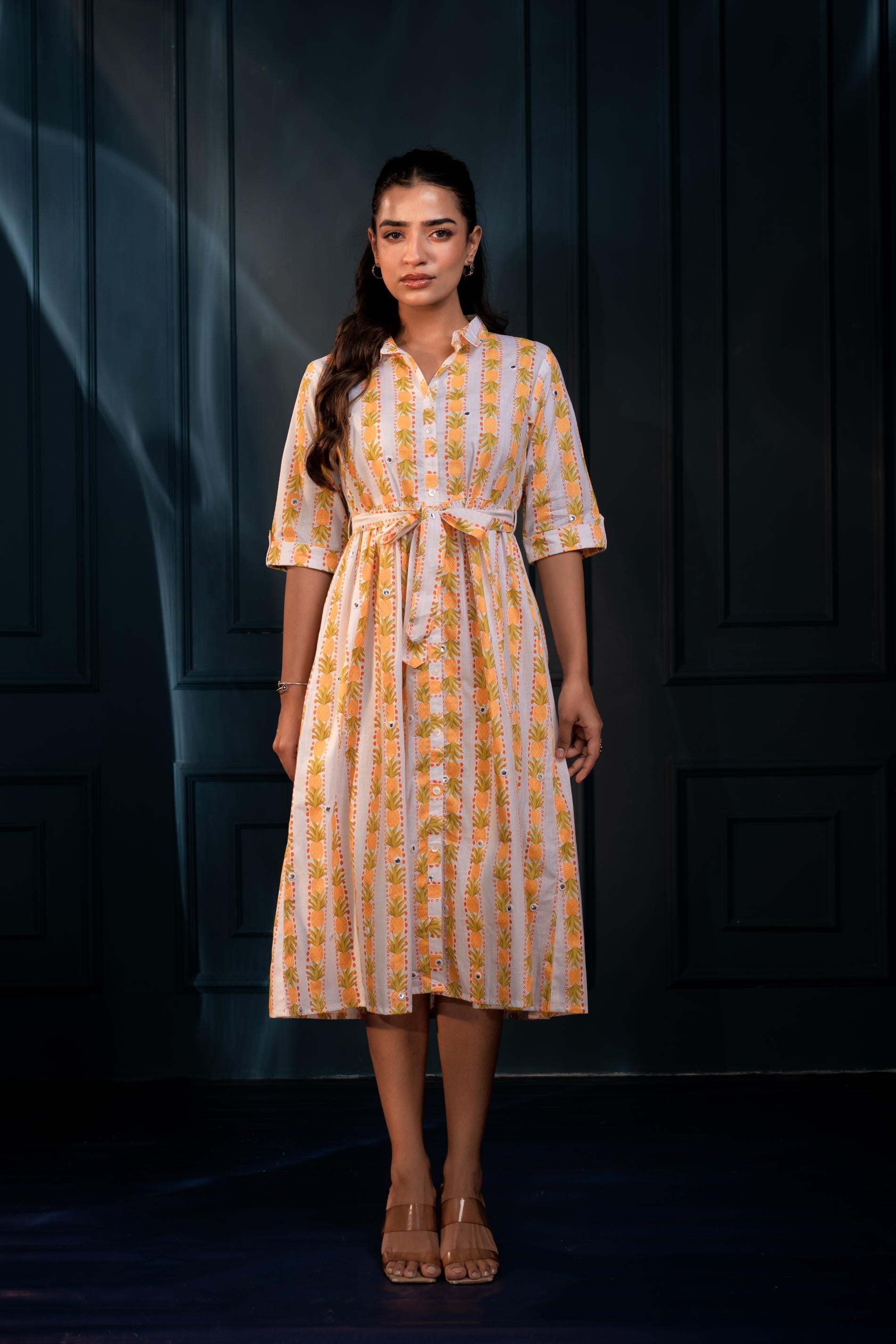 Yellow Floral Cotton Shirt Dress with Belt – GaThread Waist & Mirror W