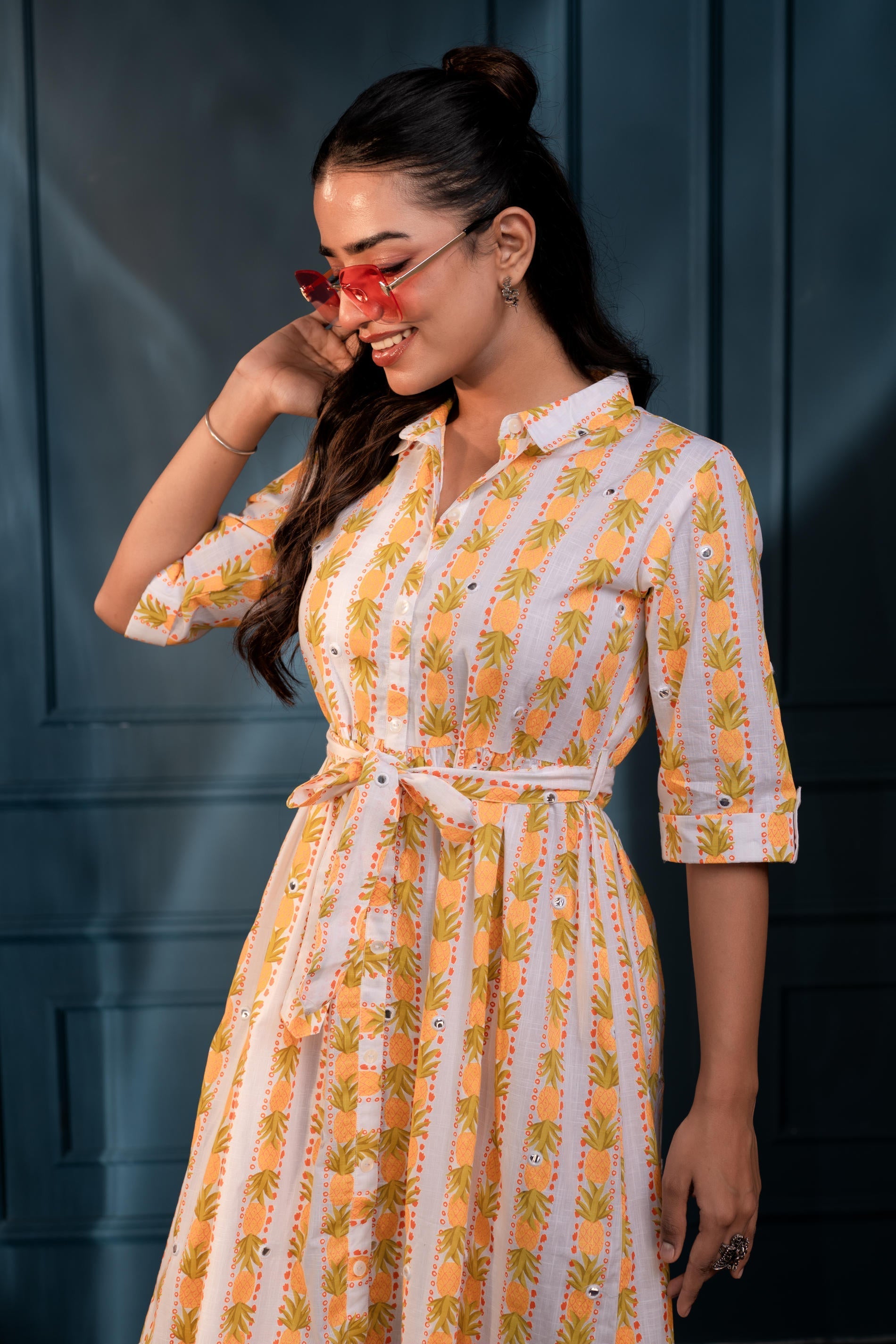 Yellow Floral Cotton Shirt Dress with Belt – GaThread Waist & Mirror W