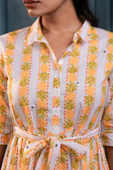Yellow Floral Cotton Shirt Dress with Belt – GaThread Waist & Mirror Work