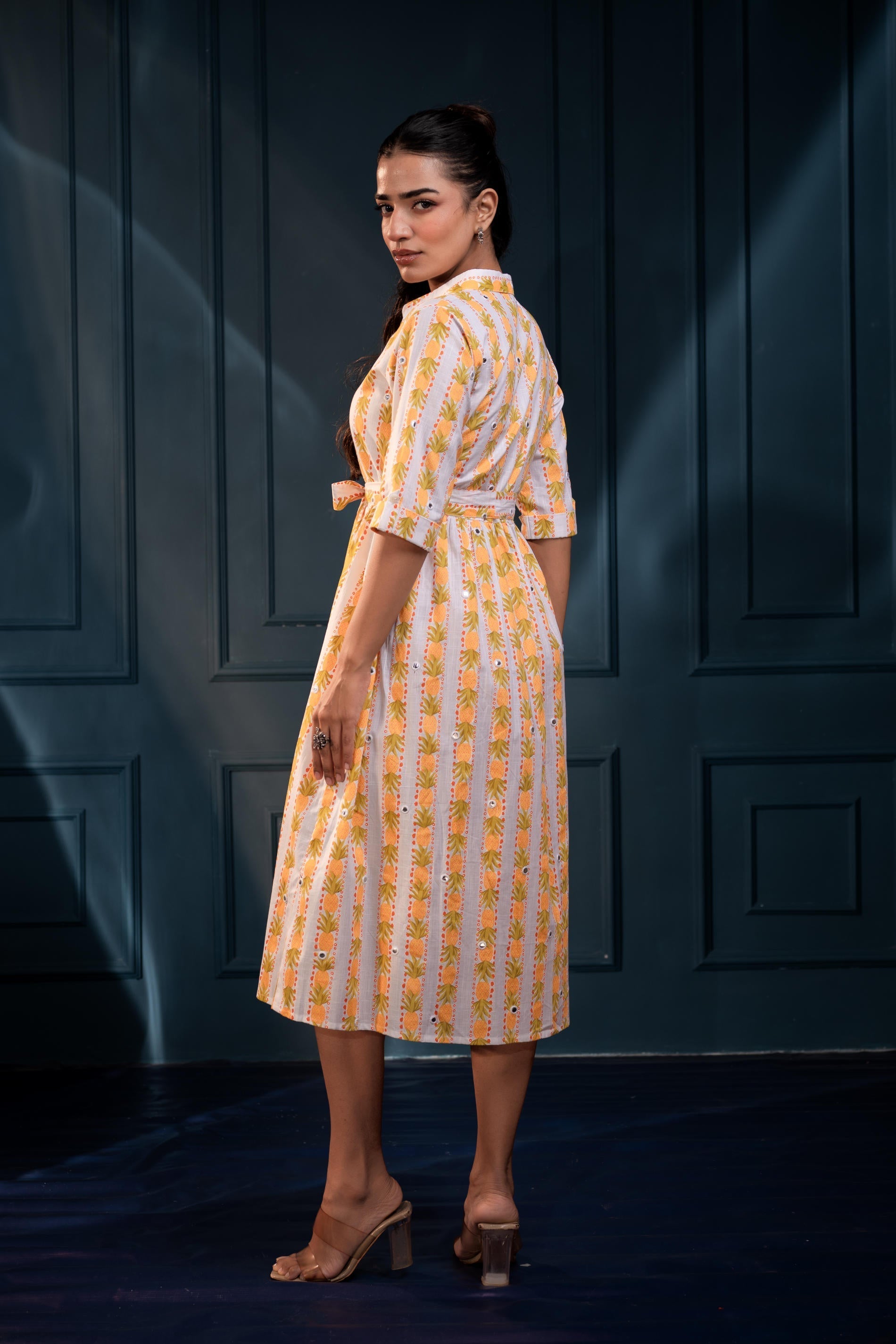Yellow Floral Cotton Shirt Dress with Belt – GaThread Waist & Mirror W