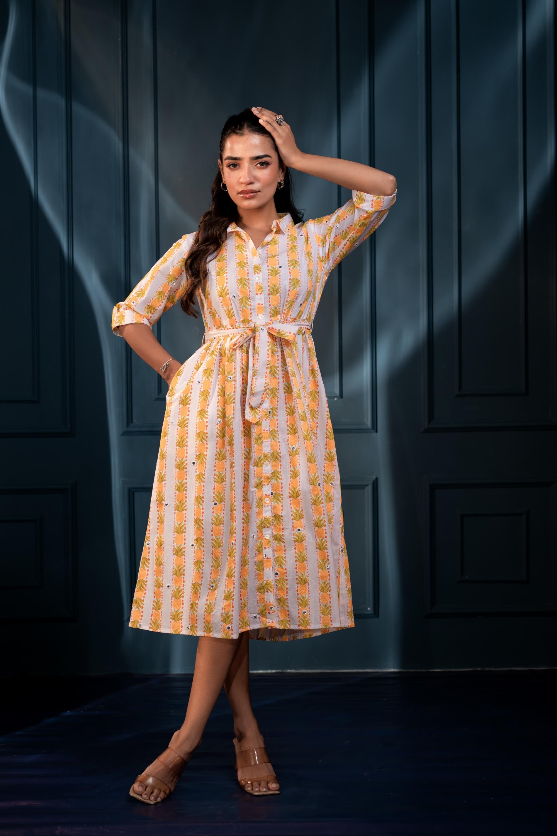 Yellow Floral Cotton Shirt Dress with Belt – GaThread Waist & Mirror W