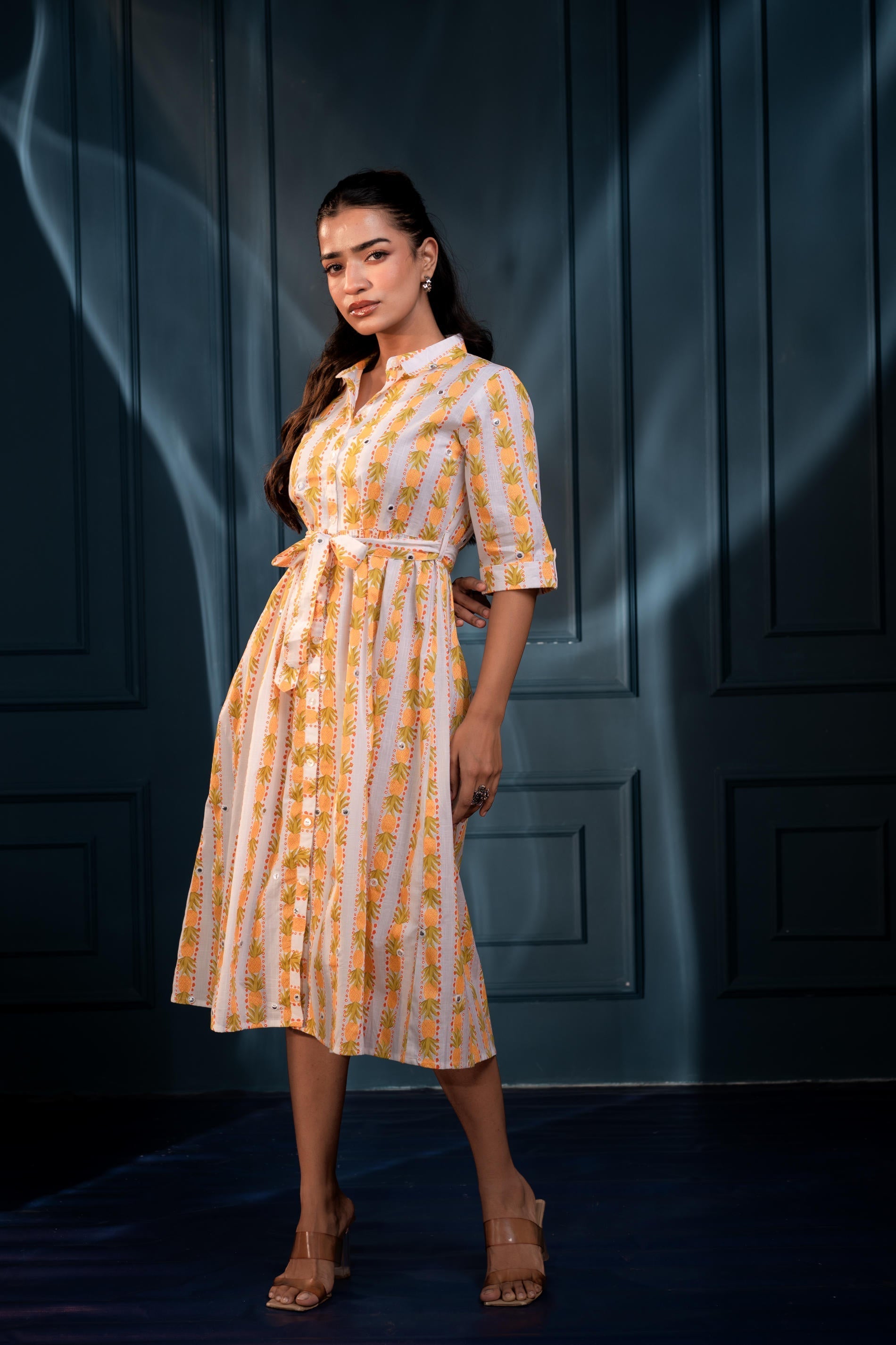 Yellow Floral Cotton Shirt Dress with Belt – GaThread Waist & Mirror W