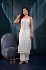 Women's Teal Blue & Grey Floral Cotton Sleeveless Kurta