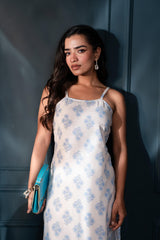 Women's Teal Blue & Grey Floral Cotton Sleeveless Kurta