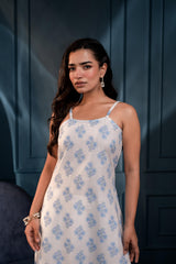Women's Teal Blue & Grey Floral Cotton Sleeveless Kurta