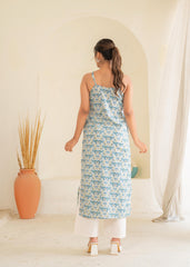Sky Blue & White Floral Printed Cotton Kurta