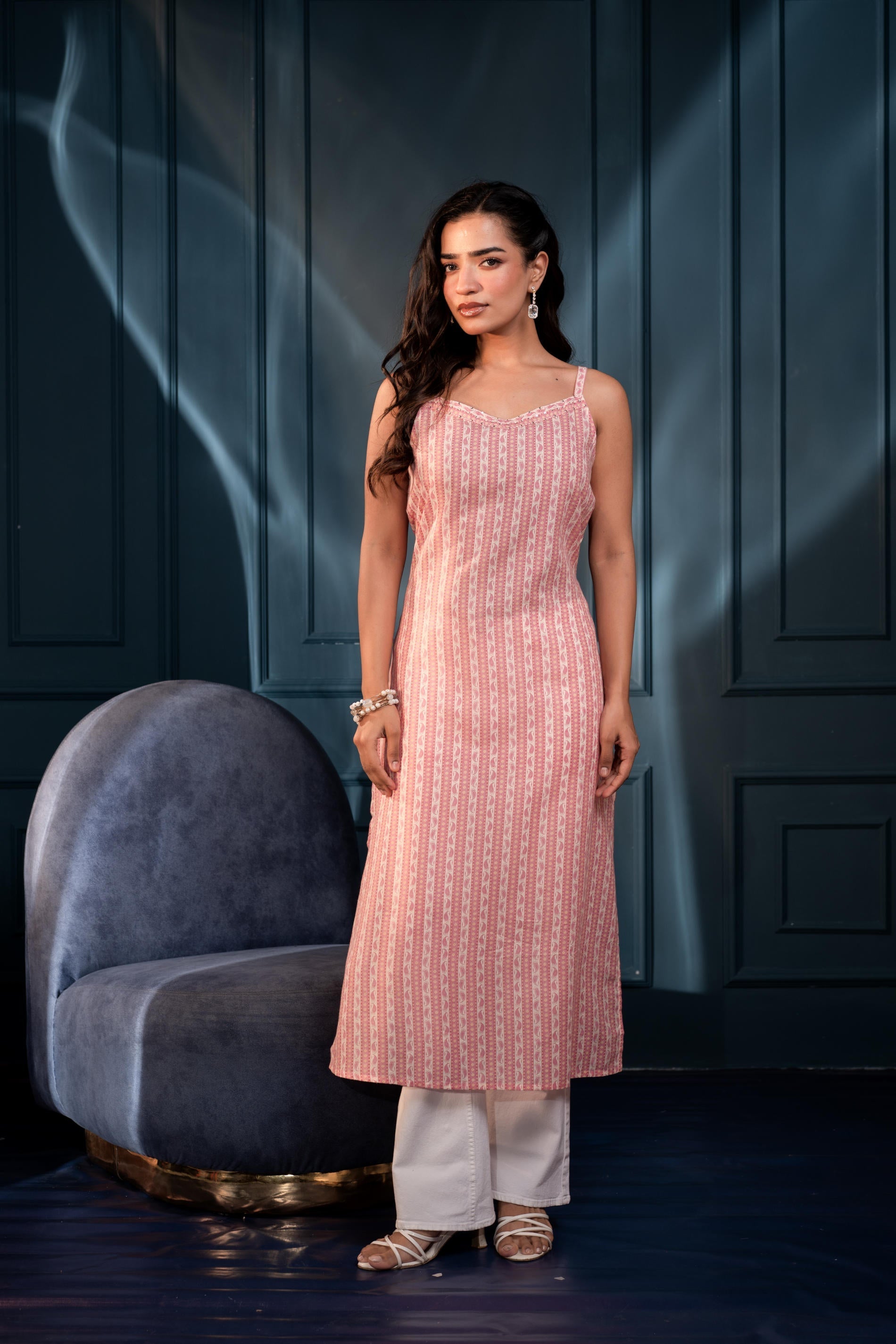 Women's Pink Ethnic Motifs Kurta in Man-Made Fiber with Sequin Detaili