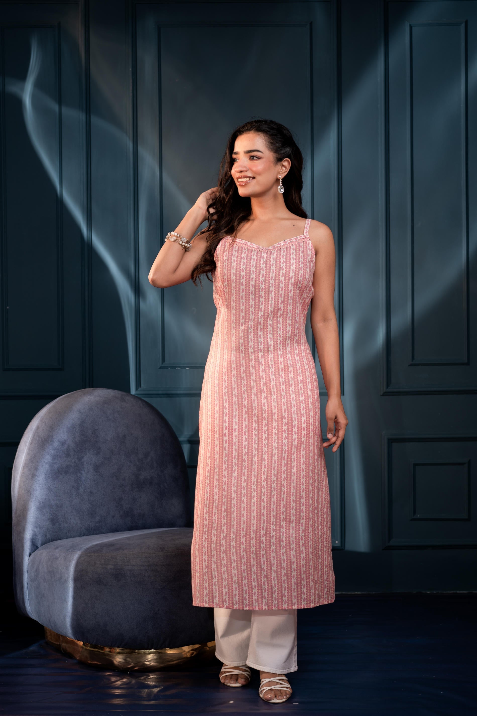 Women's Pink Ethnic Motifs Kurta in Man-Made Fiber with Sequin Detaili