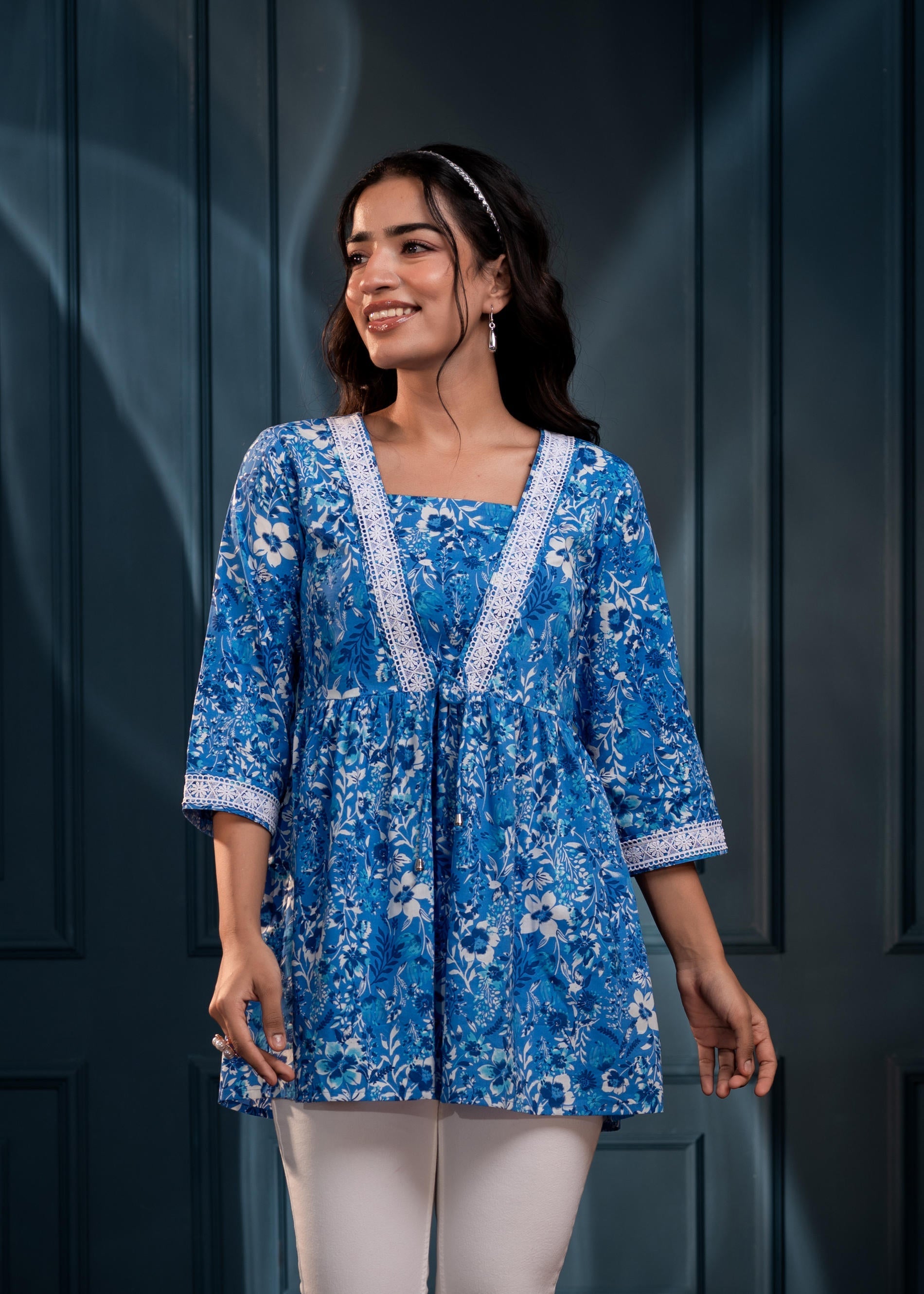 Blue & White Floral Printed Viscose Tunic with Lace & Dori Tie | DesiQ