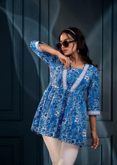 Blue & White Floral Printed Viscose Tunic with Lace & Dori Tie