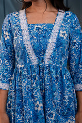Blue & White Floral Printed Viscose Tunic with Lace & Dori Tie