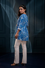 Blue & White Floral Printed Viscose Tunic with Lace & Dori Tie
